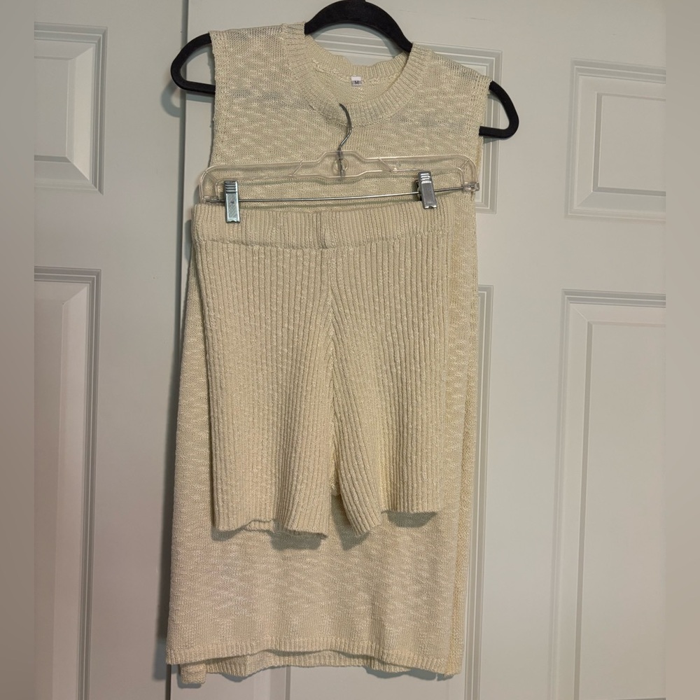 Cream Knit Sleeveless Top and Shorts Sweater Set